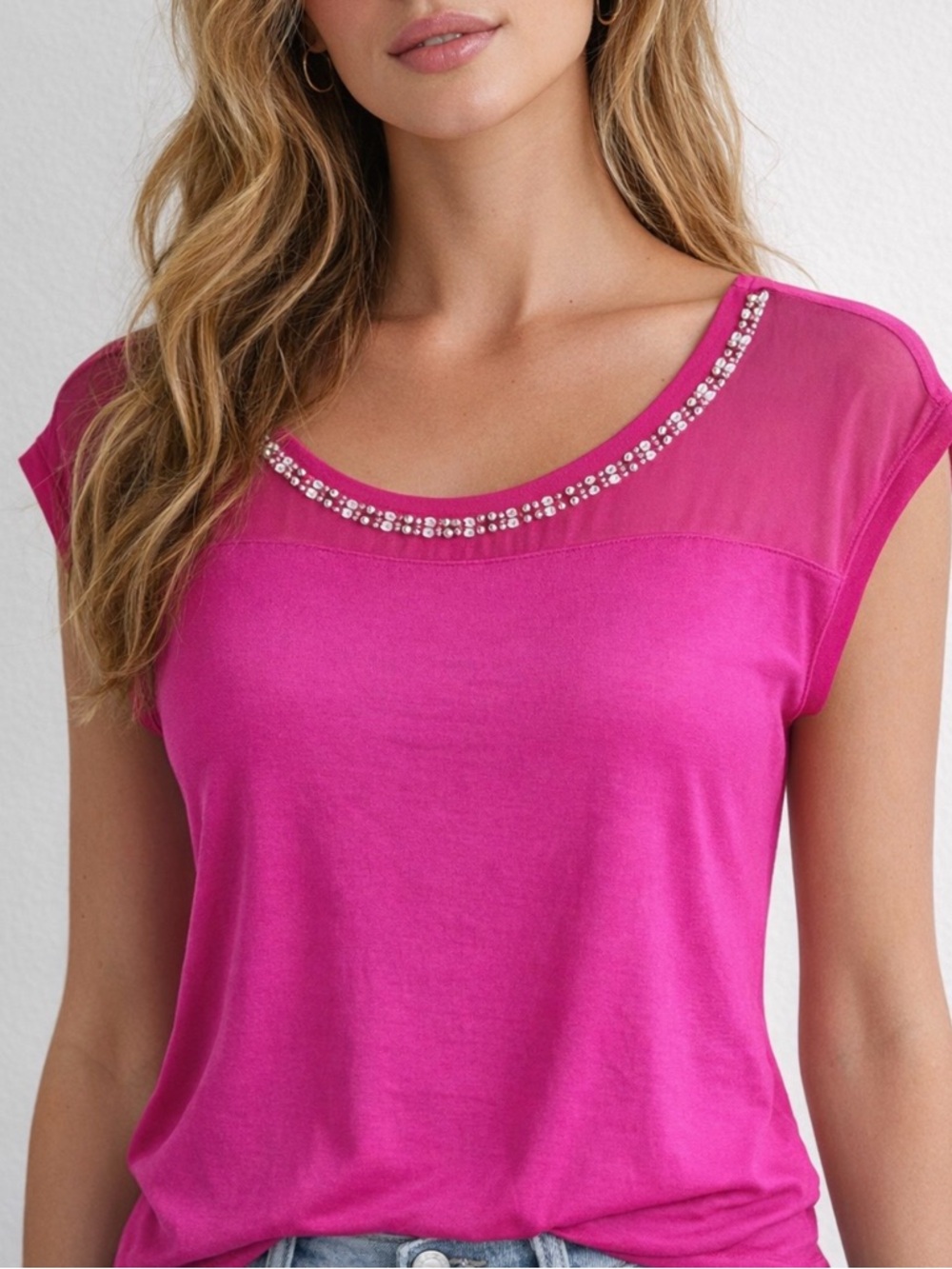 Express Fuchsia/Magenta Sheer Yoke Embellished Neckline Blouse Short Sleeve S
